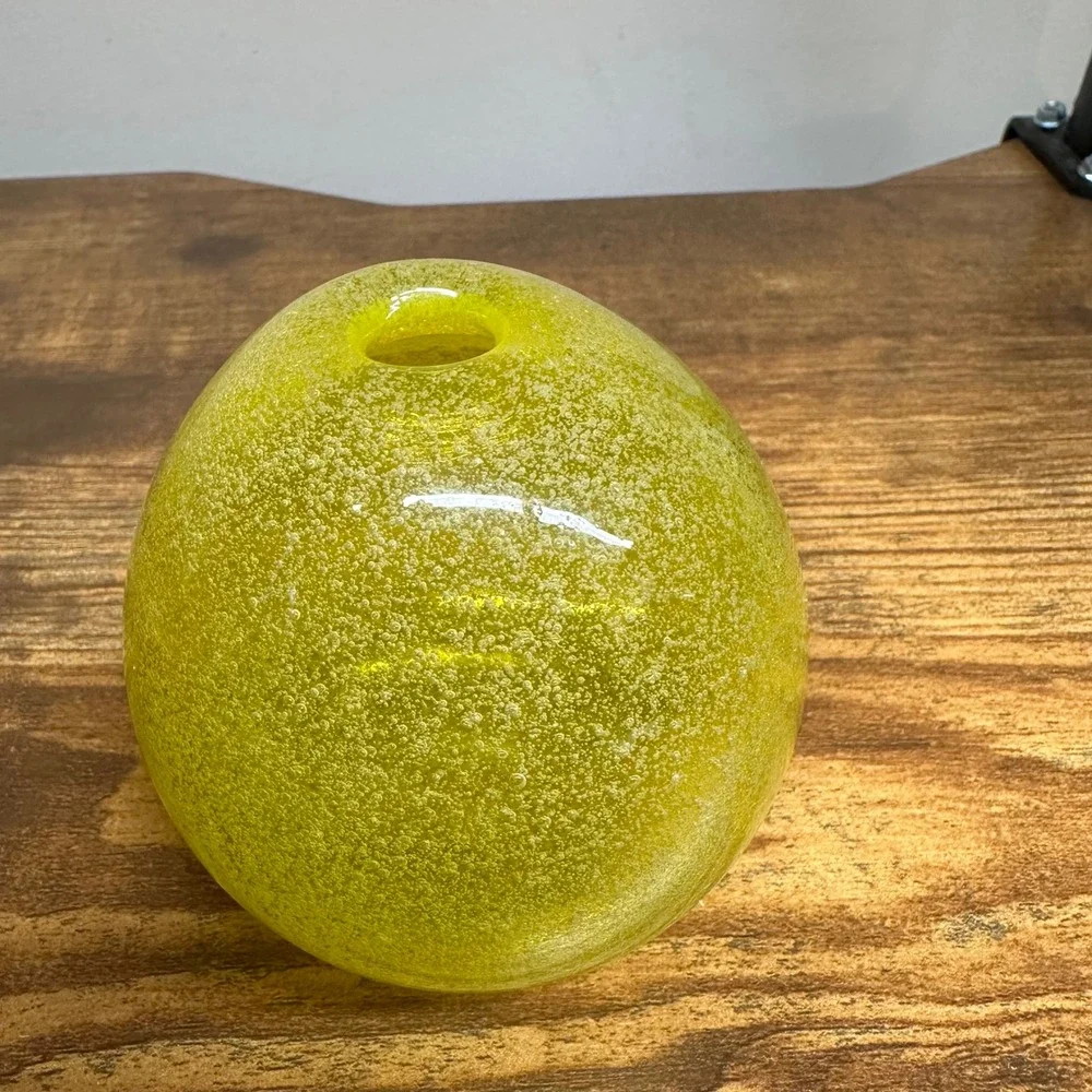 RBG Handmade Art Glass Bud Vase Yellow Green Seeded Bubble Sphere Vietnam